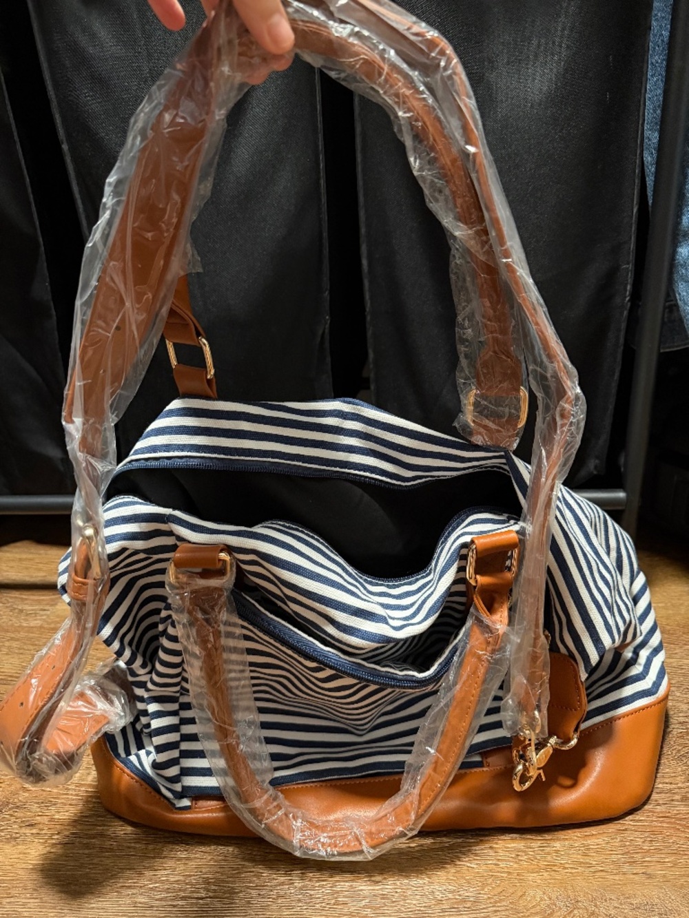 NEW - Navy White Stripe Weekender Travel Duffel Bag Faux Leather Tan Trim
